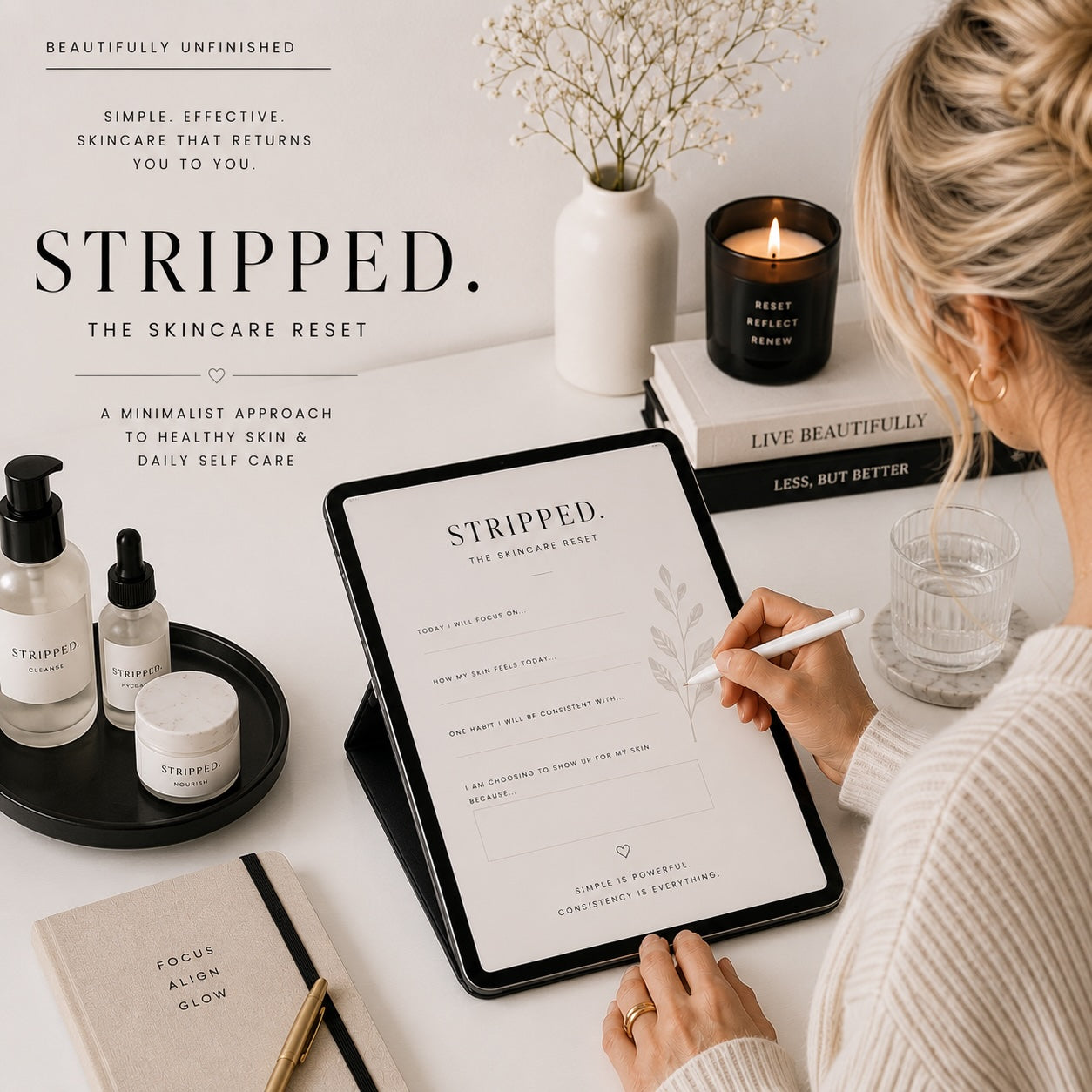 STRIPPED evidence-based skincare guide for women over 40 on a tablet — black and white vanity scene