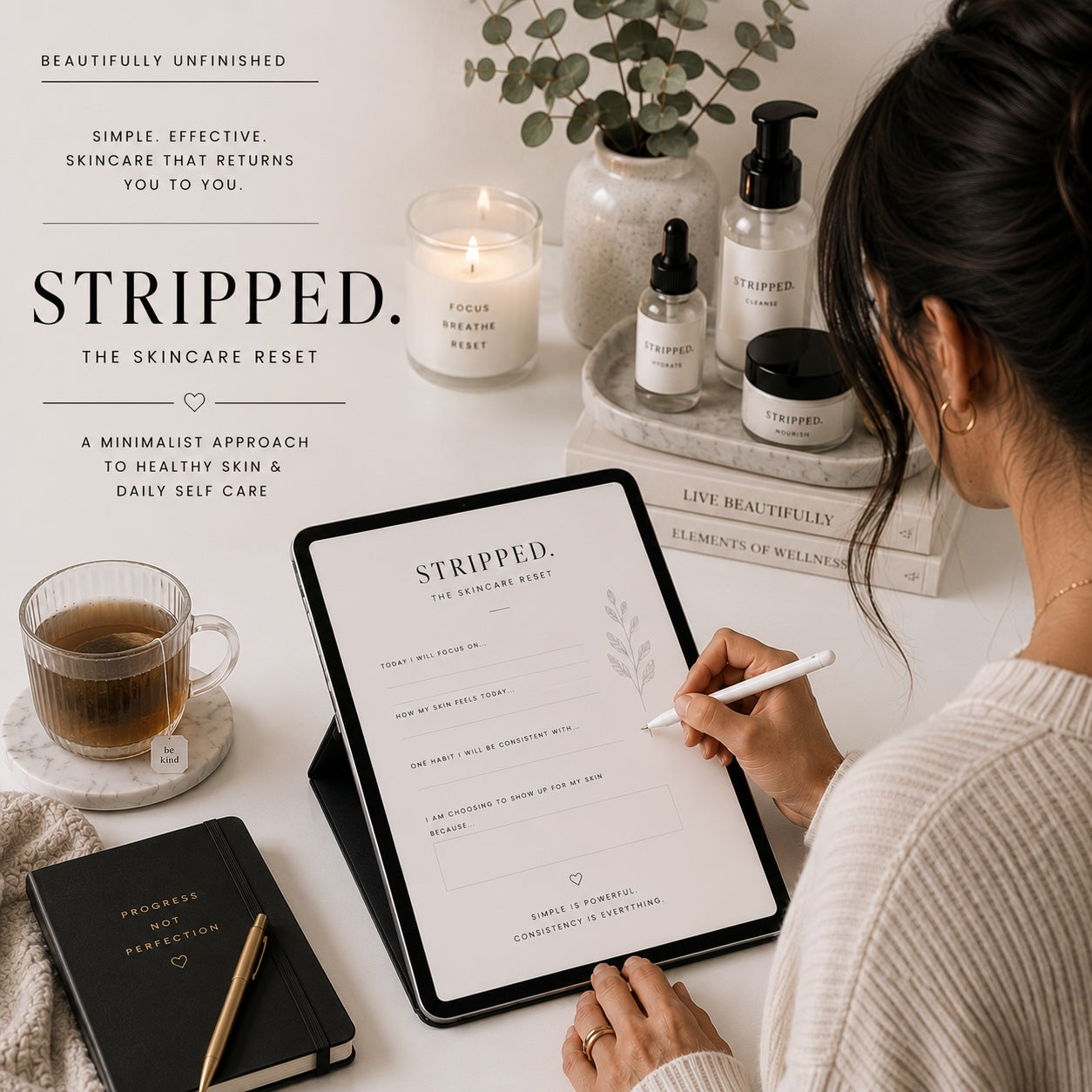 STRIPPED skincare reset guide with minimalist skincare bottles — monochrome lifestyle mockup