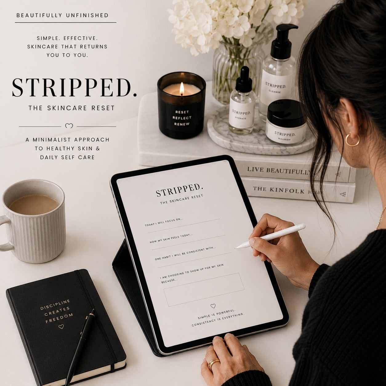 Woman reading the STRIPPED skincare guide digital download — black and white editorial mockup