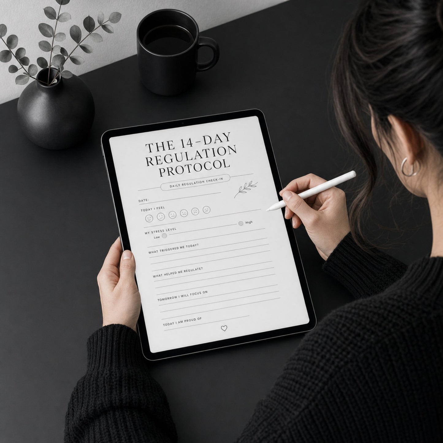 The 14-Day Regulation Protocol daily check-in page on a tablet — dark desk scene
