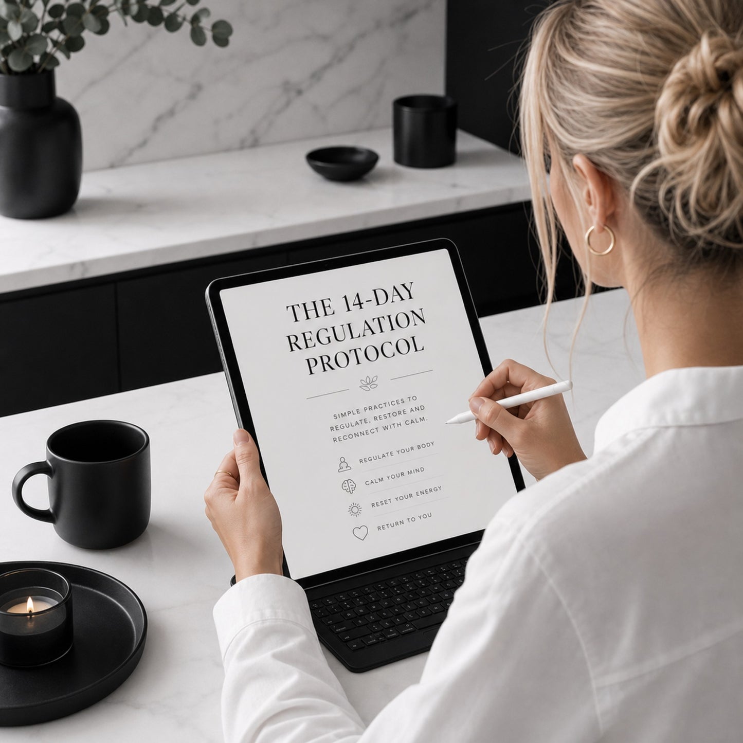 The 14-Day Regulation Protocol exit survival mode workbook — kitchen lifestyle mockup