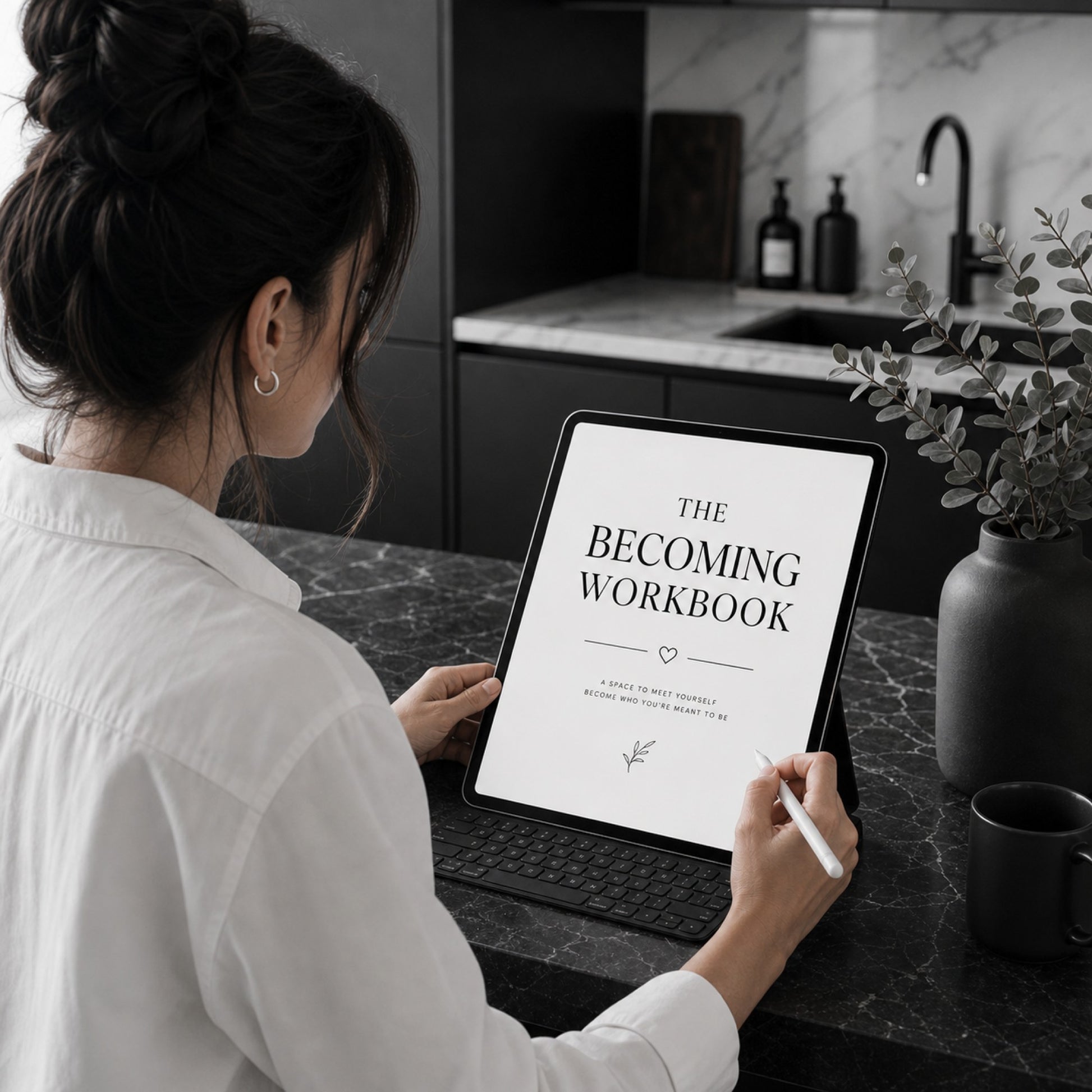 The Becoming Workbook life transition guide — kitchen lifestyle mockup