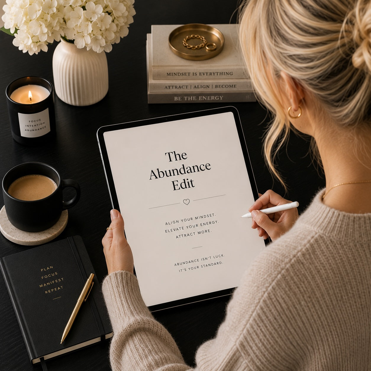 The Abundance Edit evidence-based abundance workbook on a tablet — lifestyle mockup 1