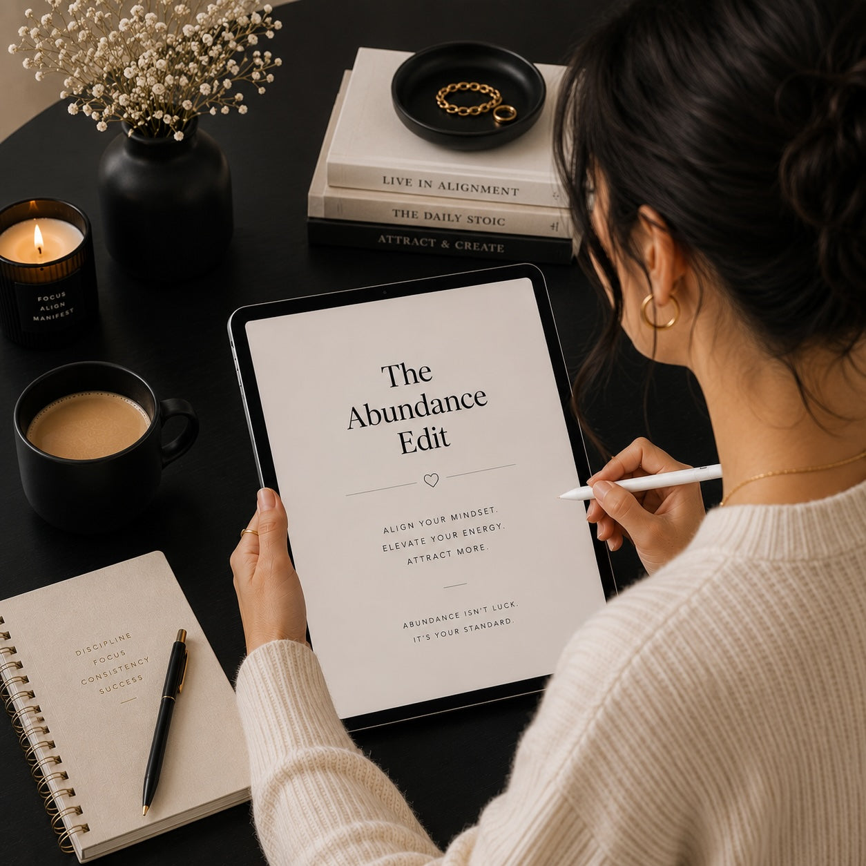 Woman reading The Abundance Edit mindset workbook — dark editorial lifestyle mockup 2