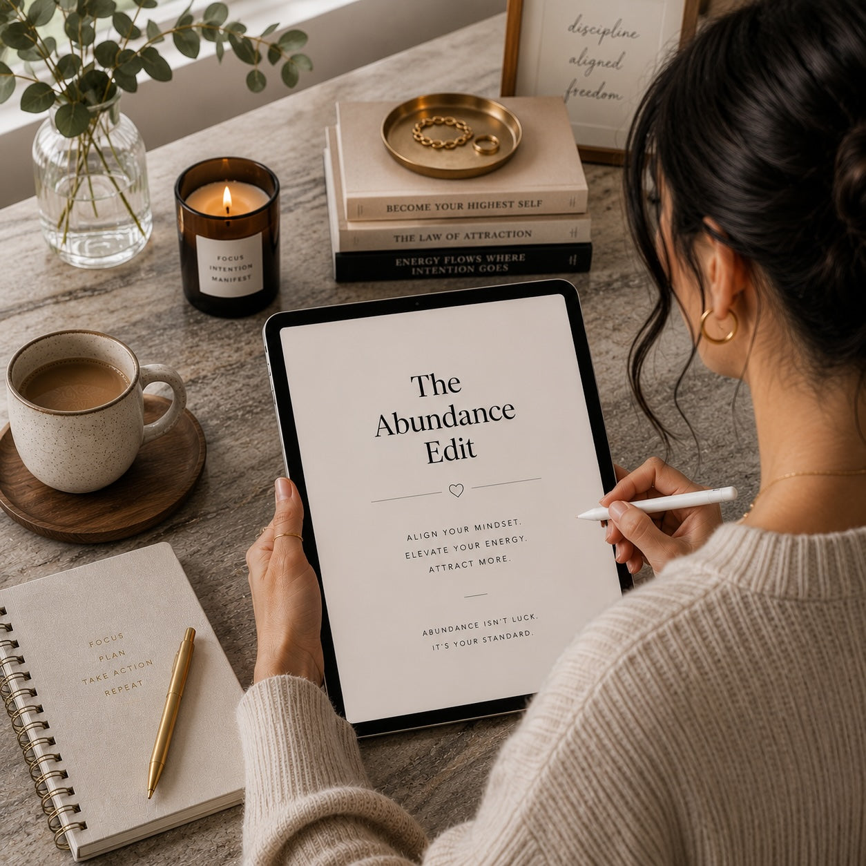 The Abundance Edit workbook styled on a stone desk — monochrome lifestyle mockup 3