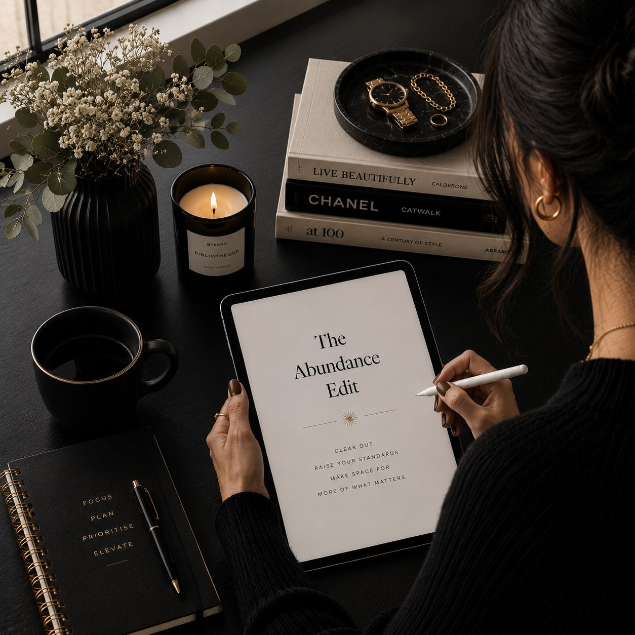 The Abundance Edit digital download with gold accents — dark lifestyle mockup 4