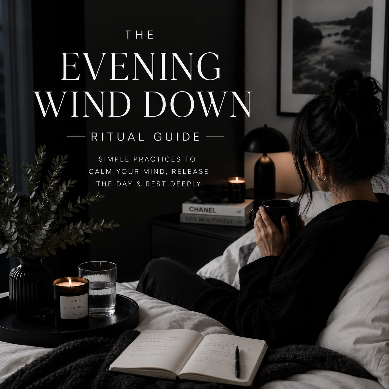 Woman reading The Evening Wind-Down Ritual guide in bed — monochrome night scene mockup 4