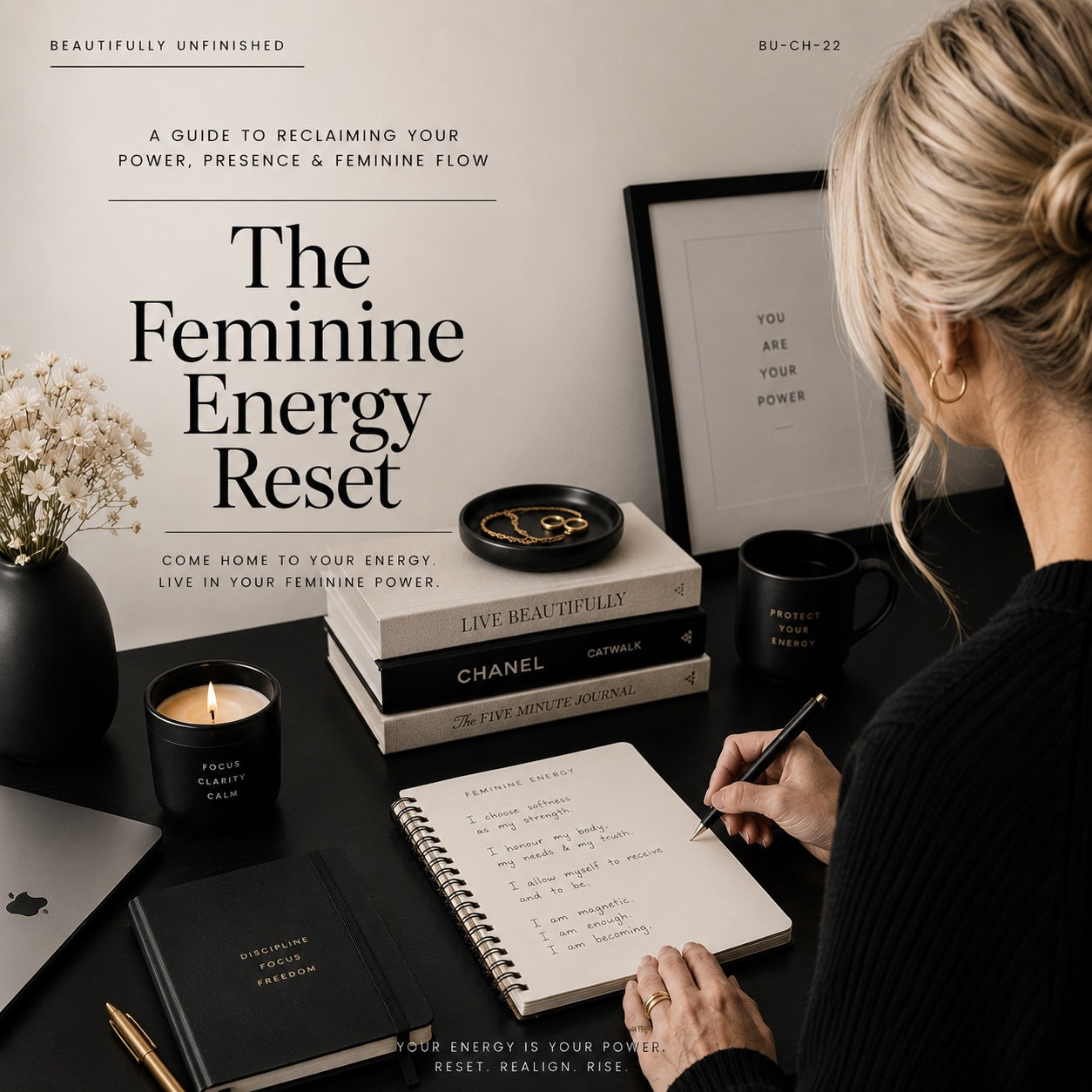 Woman reading The Feminine Energy Reset hormone balance workbook — dark desk mockup 2