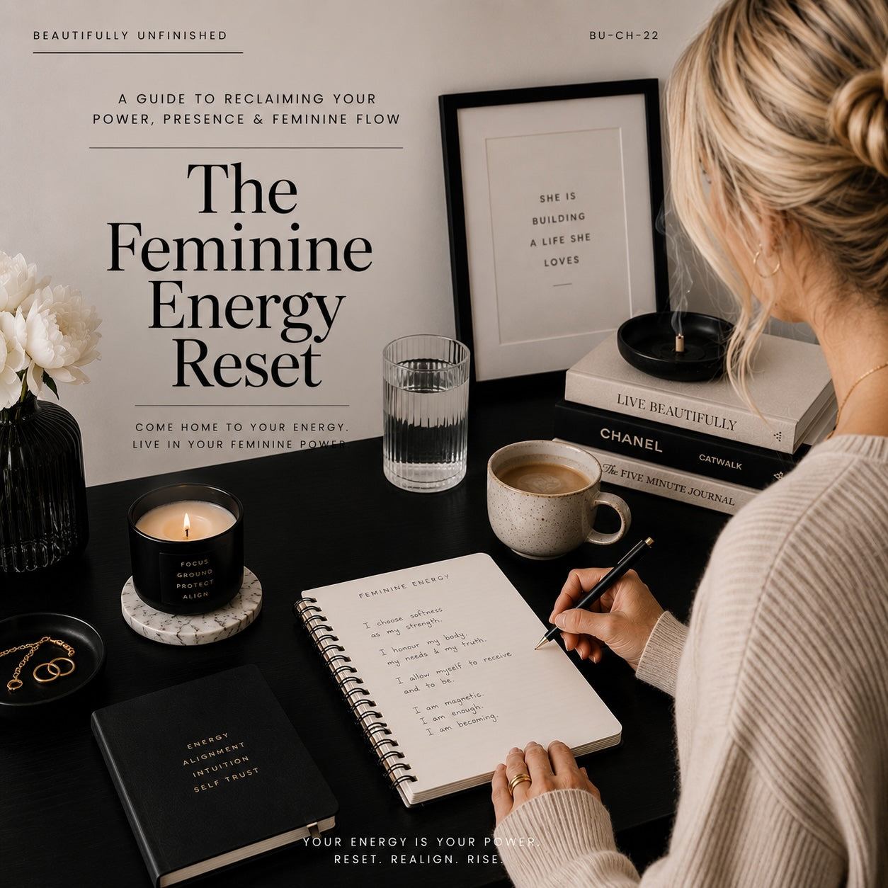 The Feminine Energy Reset digital download with glass of water — light monochrome mockup 3