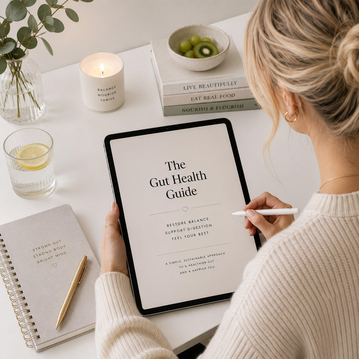 The Gut Health Guide 4R gut-brain protocol for women over 40 on a tablet — lifestyle mockup 1
