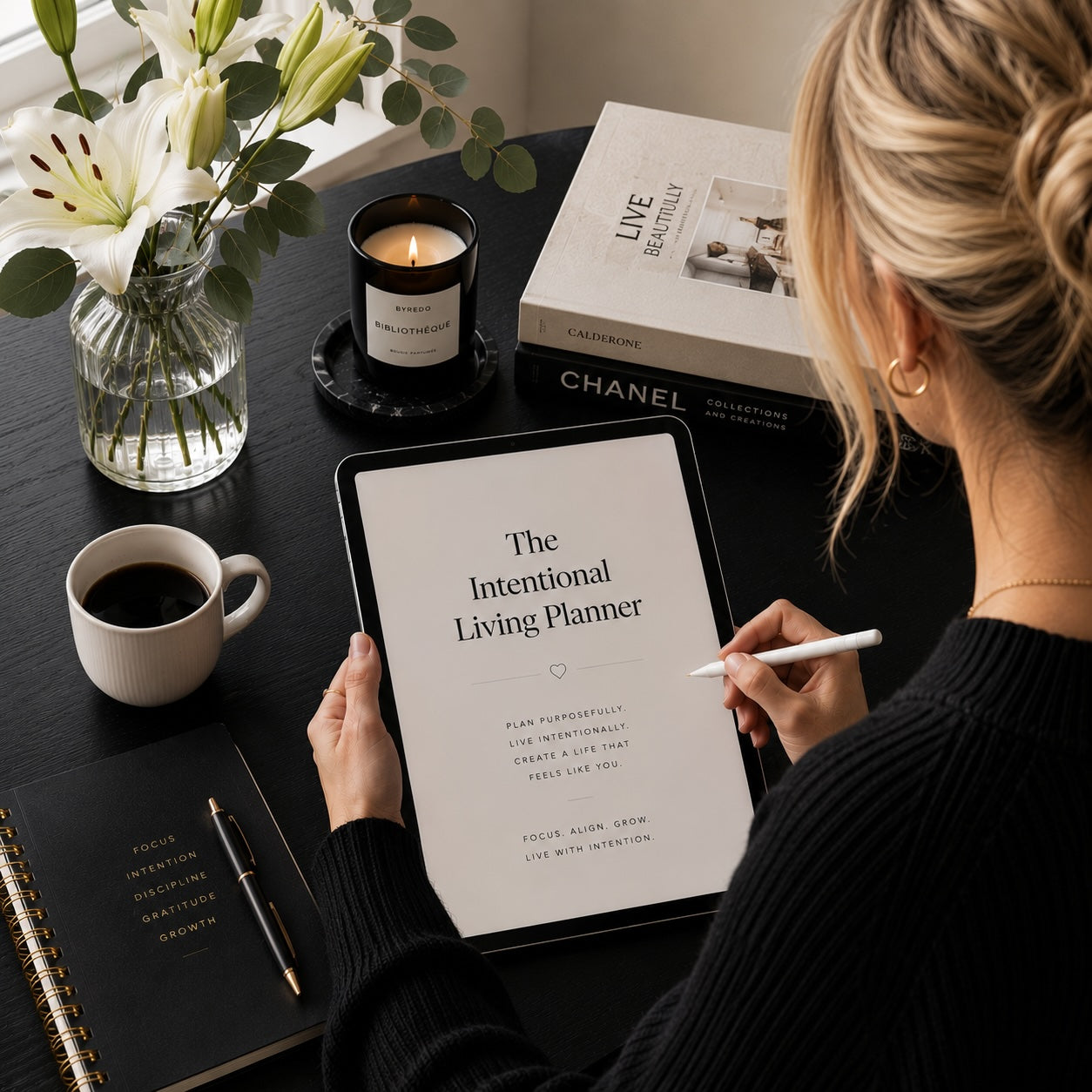 The Intentional Living Planner annual and weekly life design workbook on a tablet — mockup 1