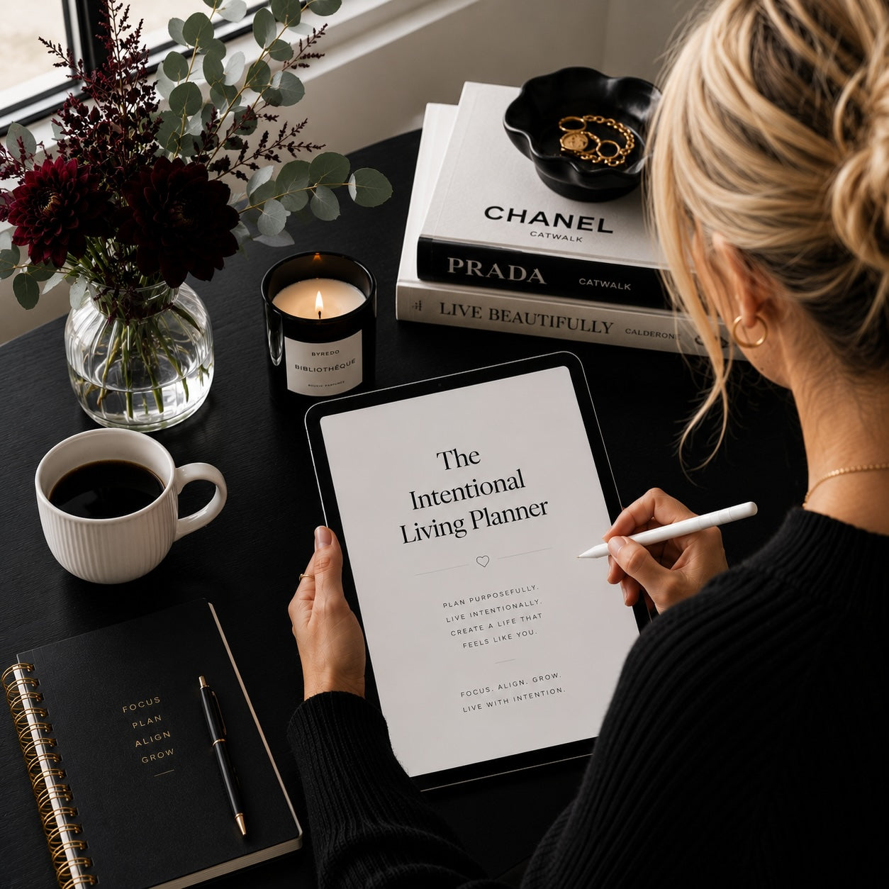 The Intentional Living Planner digital download styled with coffee — black and white mockup 3