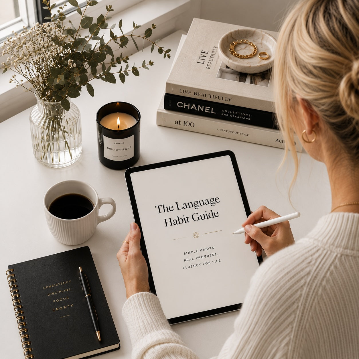 The Language Habit Guide neuroscience-based language learning for adults on a tablet — mockup 1