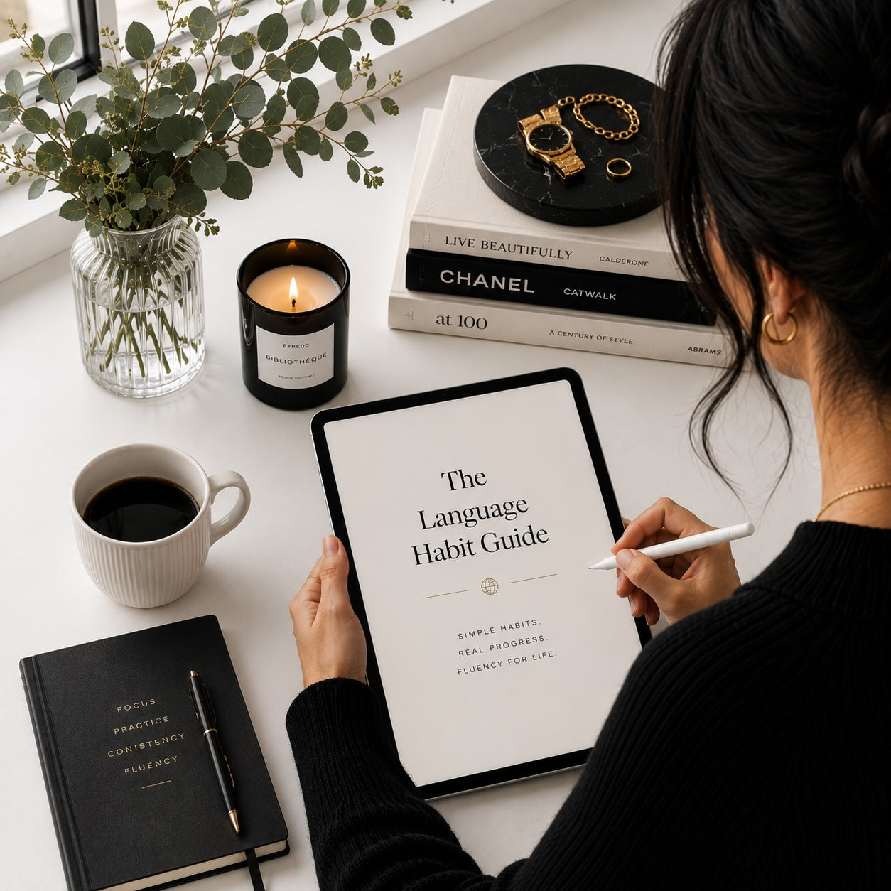 Woman studying with The Language Habit Guide for midlife learners — monochrome mockup 2