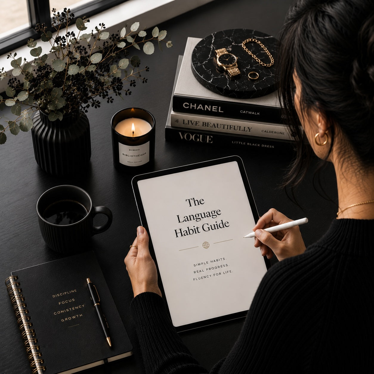 The Language Habit Guide digital download styled on a desk — black and white mockup 3