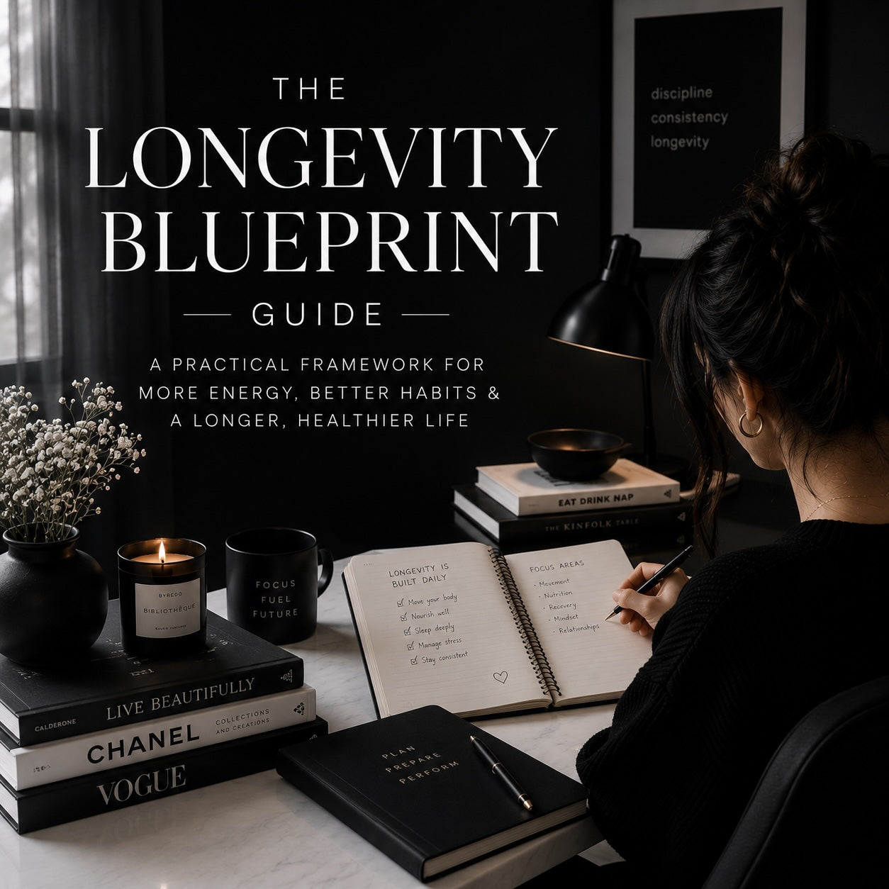 Woman reading The Longevity Blueprint science-backed longevity guide — monochrome lifestyle mockup 2