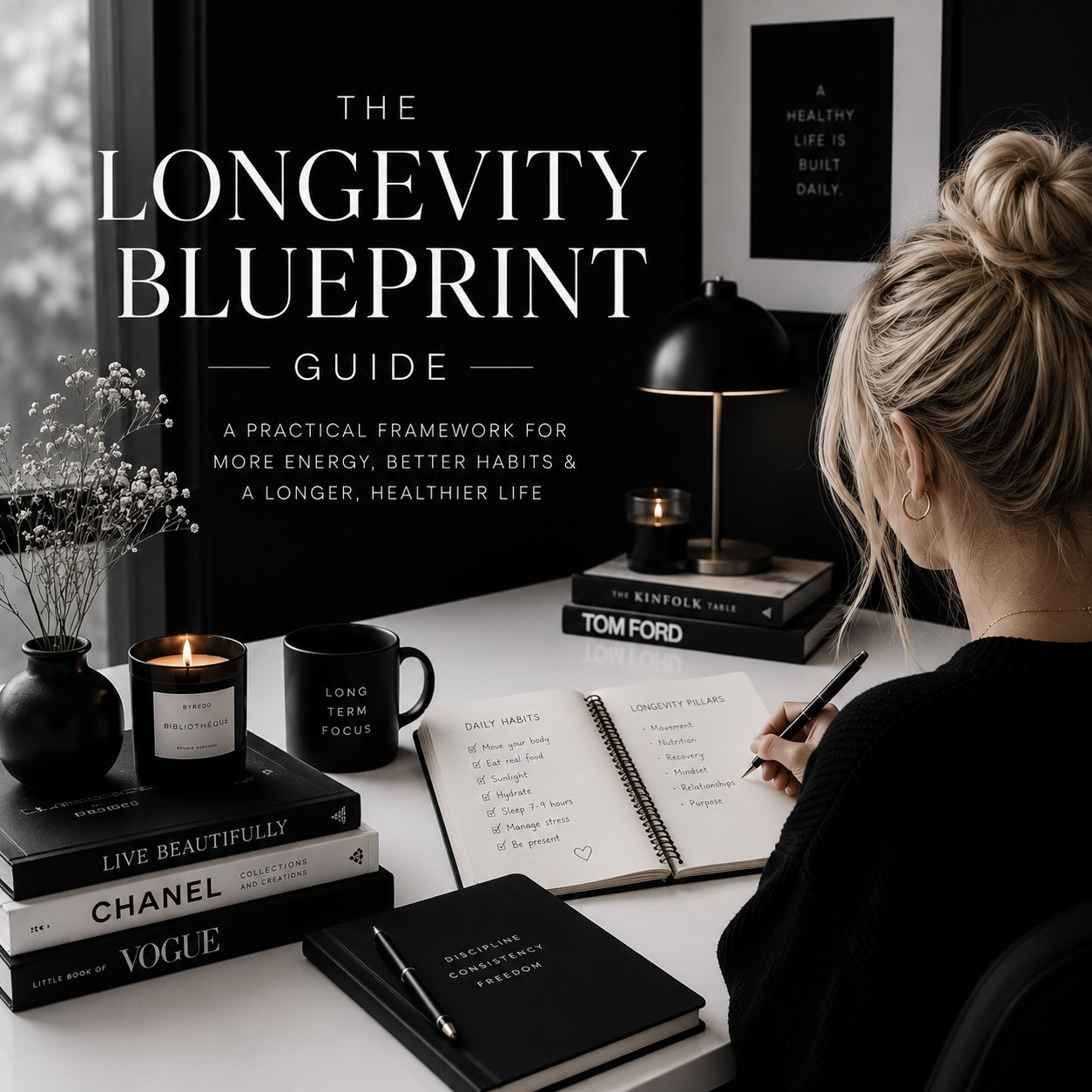 The Longevity Blueprint digital download styled on a desk — black and white lifestyle mockup 3