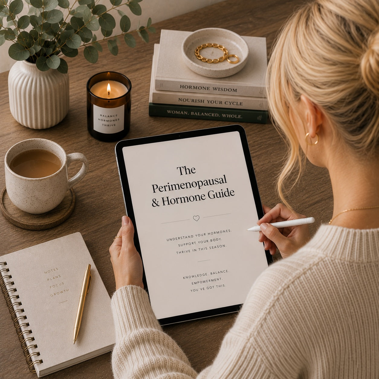Woman reading The Perimenopause & Hormone Guide digital download — monochrome lifestyle mockup 2