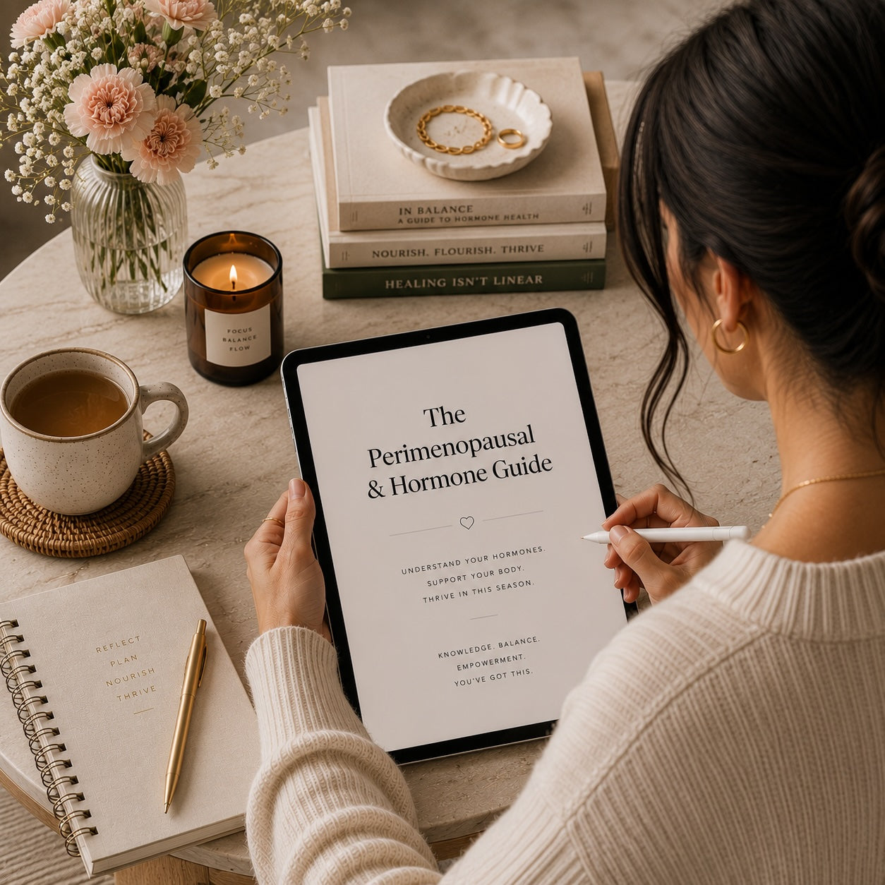 The Perimenopause & Hormone Guide hormone balance PDF styled on a desk — black and white mockup 3