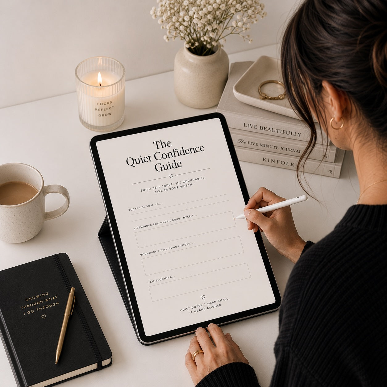 Woman reading The Quiet Confidence Guide self-trust workbook — monochrome lifestyle mockup 2