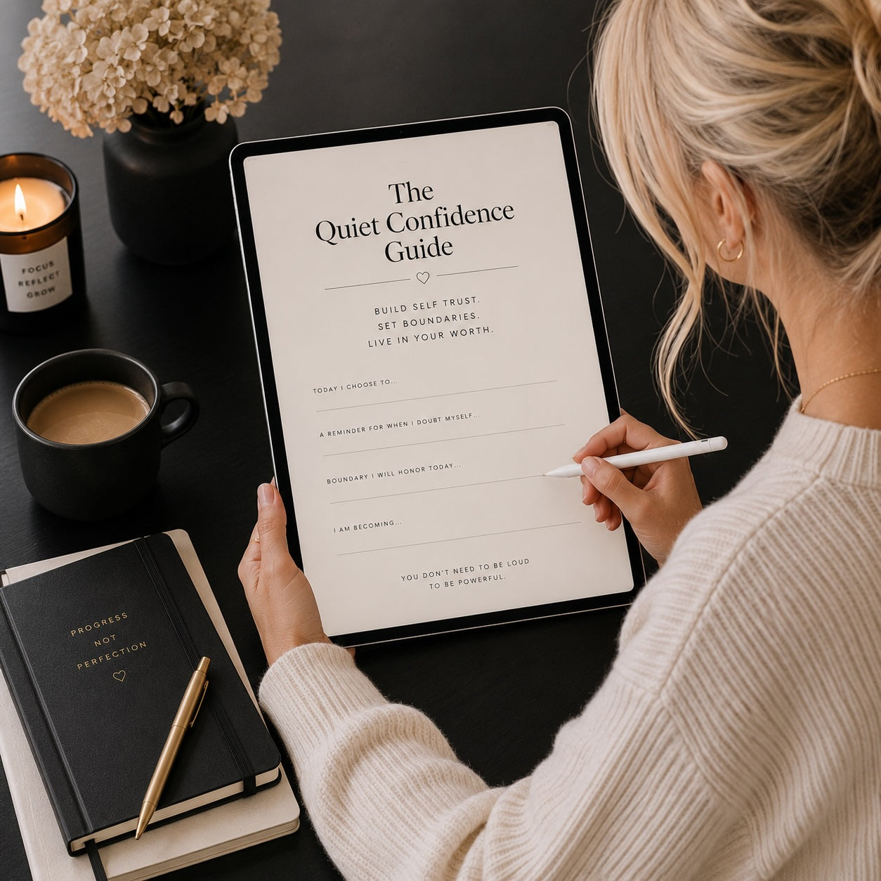 The Quiet Confidence Guide digital download styled scene — dark editorial mockup 4