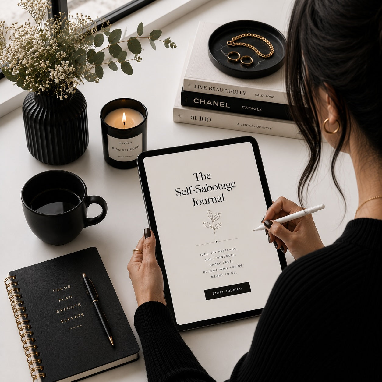 The Unfinished Woman self-sabotage journal for women on a tablet — shadow work mockup 1