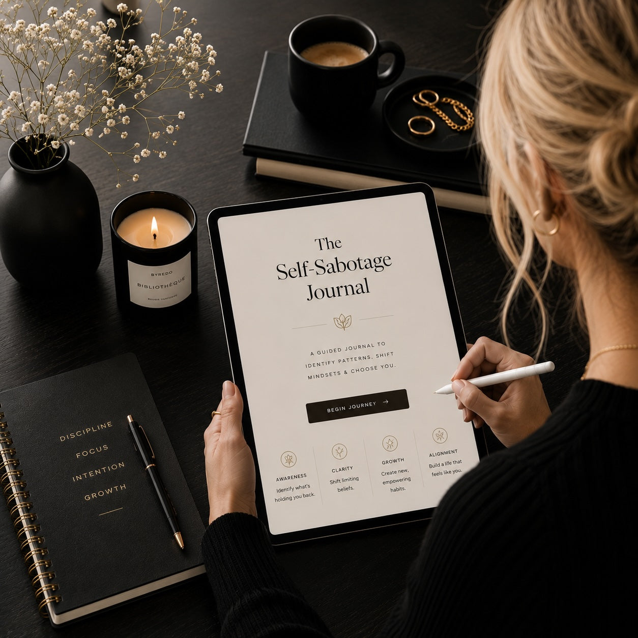 The Unfinished Woman guided journal Volume One printable PDF — black and white mockup 3
