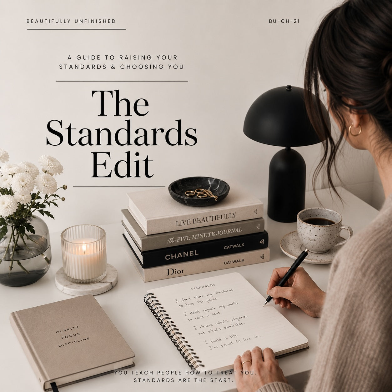 Woman reading The Standards Edit energy protection guide — light lifestyle mockup 2