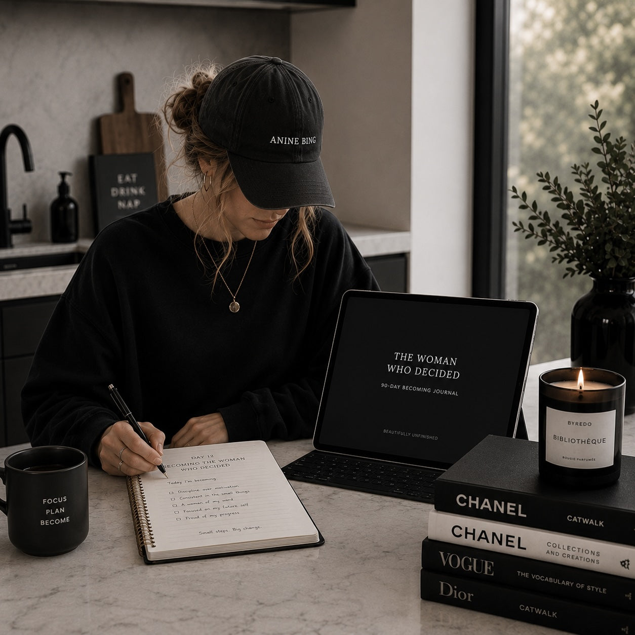 The Woman Who Decided becoming journal day 12 writing scene — kitchen bench mockup