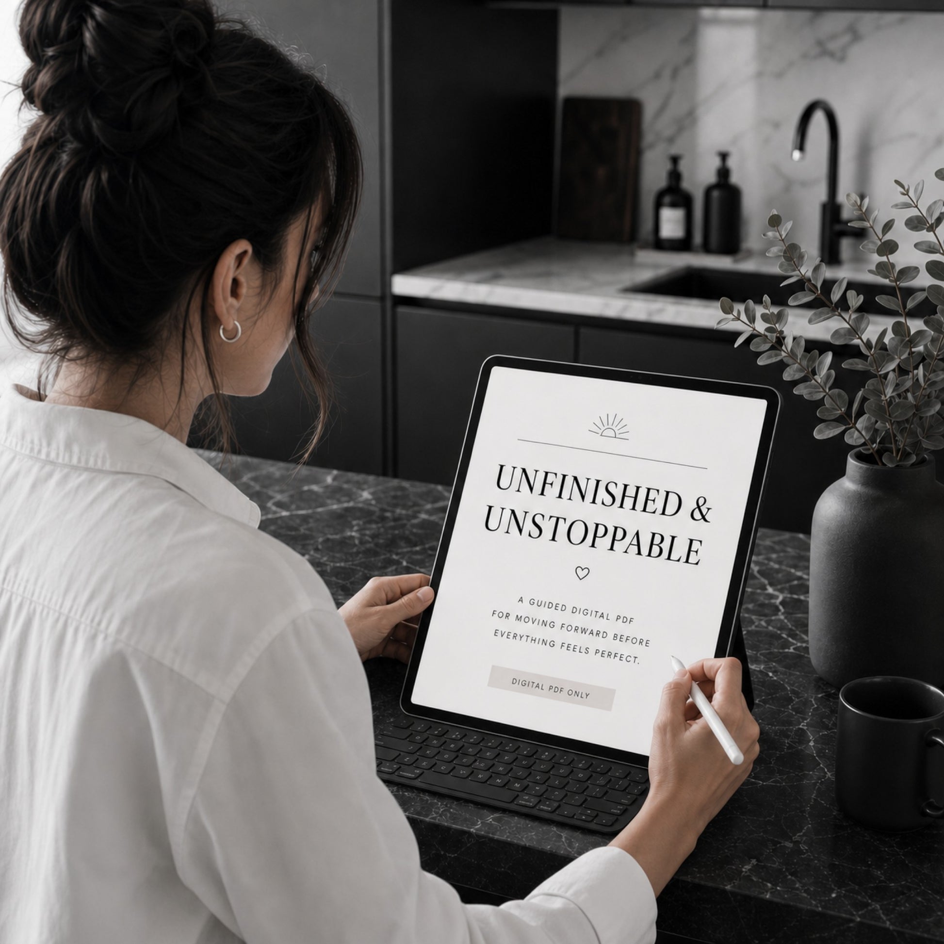 Unfinished & Unstoppable digital guide — kitchen lifestyle mockup